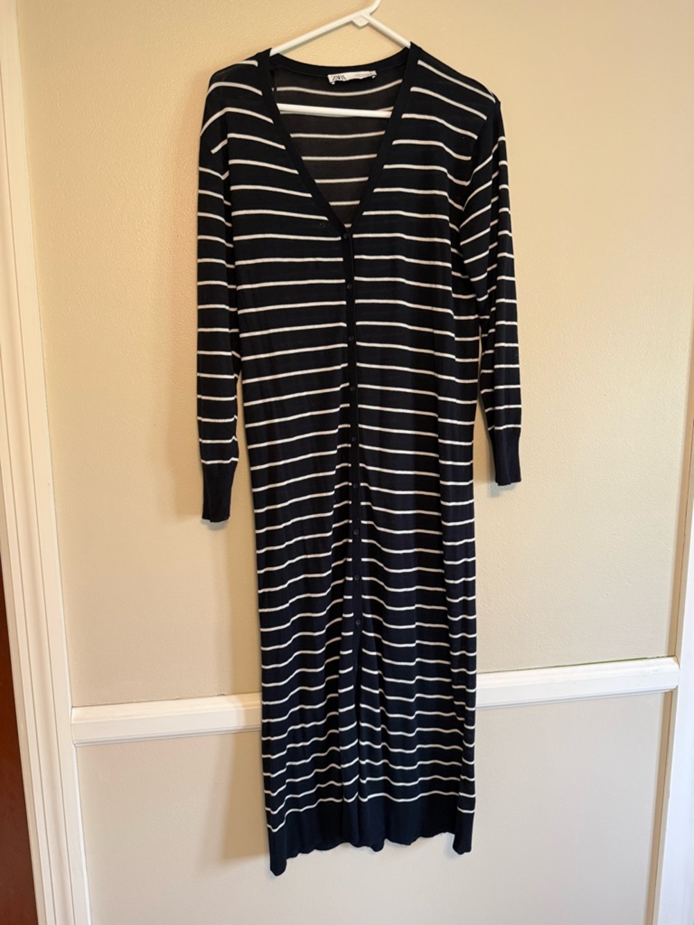 Zara Striped Long Button-Up Cardigan Dress - Navy & White size M